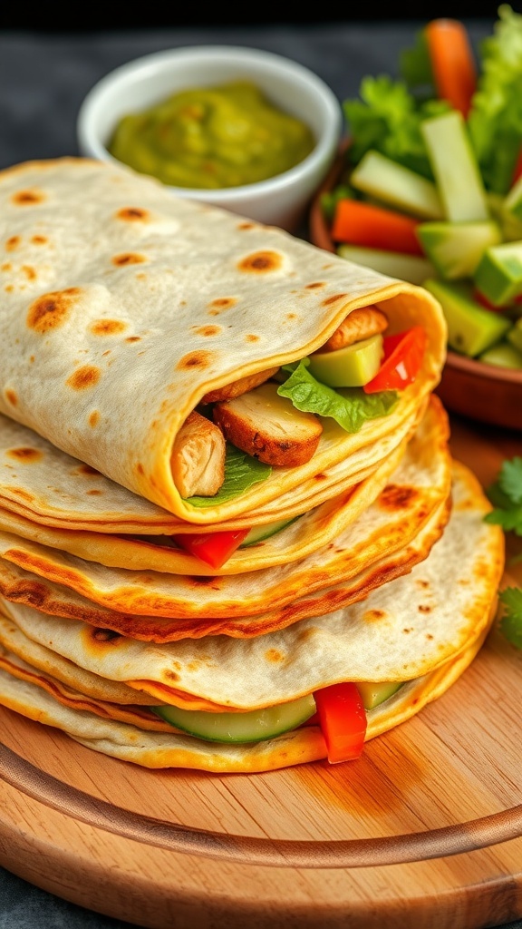 Freshly made tortilla wraps stacked on a wooden board with colorful fillings and sides.